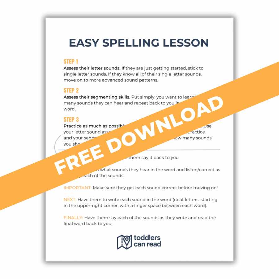 A document titled Easy Spelling Lesson with steps for teaching spelling is shown. An orange Free Download banner crosses diagonally over the document. The logo toddlers can read is at the bottom.