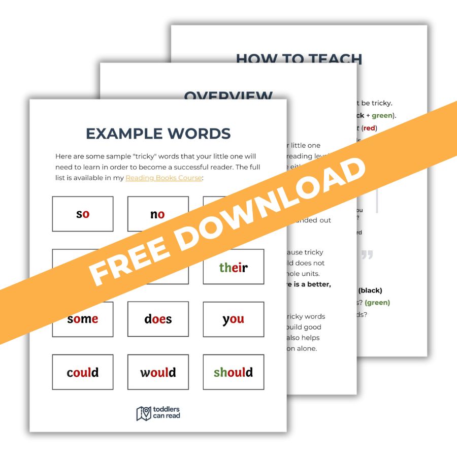 Three overlapping pages titled How to Teach, Overview, and Example Words, with a banner across them reading Free Download. The example words include so, no, their, does, and others.