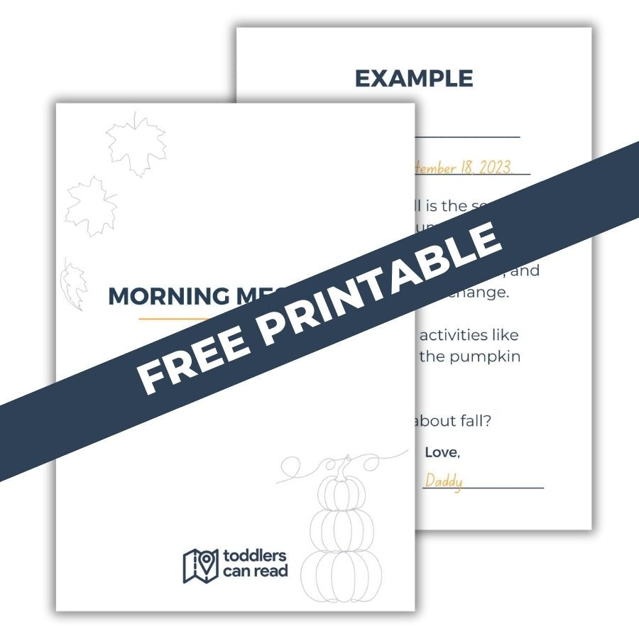 Two educational worksheets from Toddlers Can Read are shown, one titled Morning Message, with a FREE PRINTABLE banner across the middle. The other worksheet is labeled EXAMPLE with a sample message.